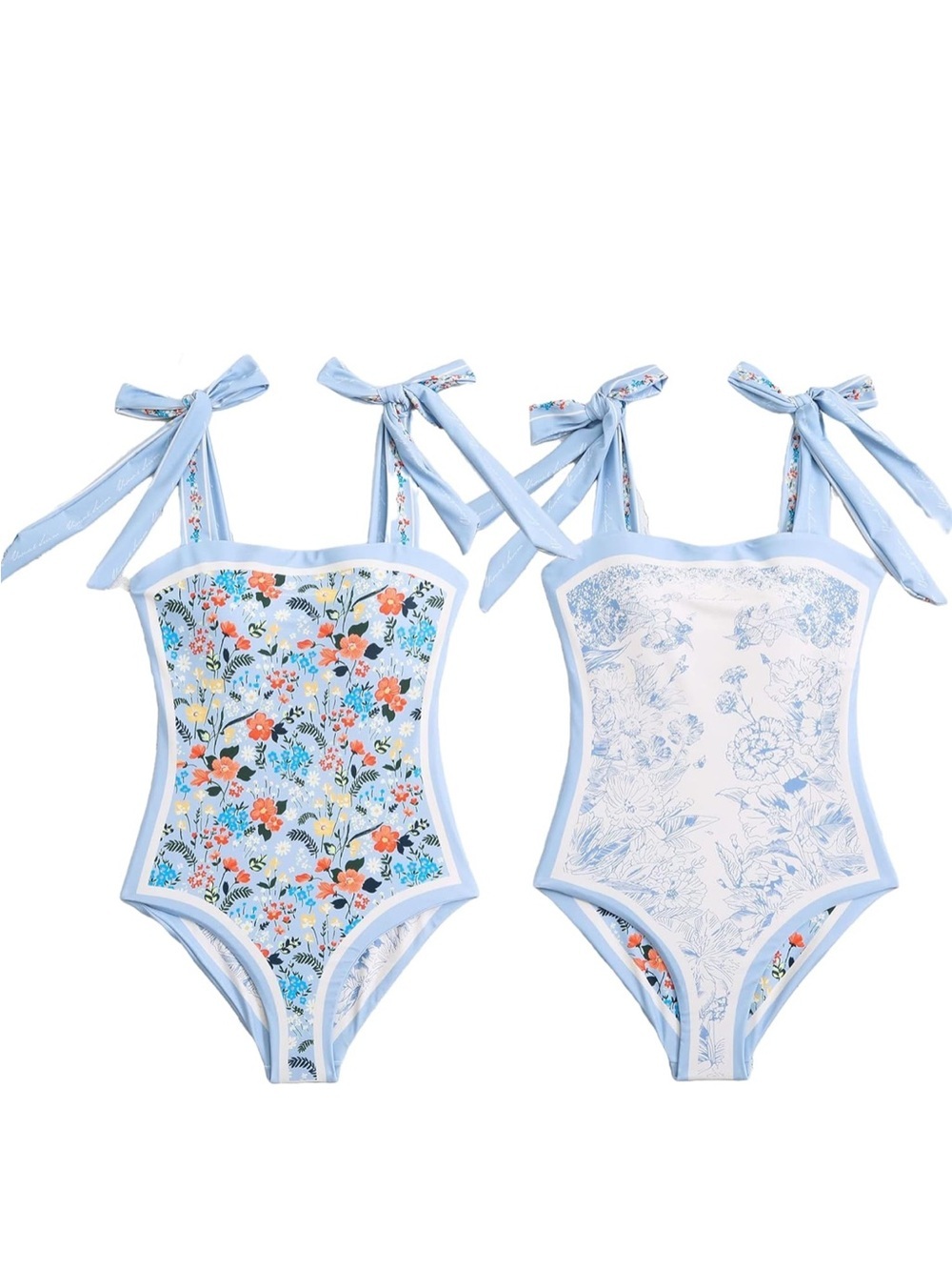 Visual Swim Blue Floral Reversible Tie Shoulder One Piece Swimsuit NWOT Size L